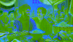 Bahrom and Kamol reconcile at the market stall, laughing and sharing a bowl of pilaf under warm sunlight.