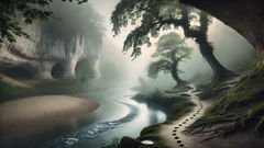 Misty Gascony riverbend with limestone outcrops and mossy banks where legends say the Lou Carcolh lurks