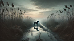 عند الفجر، في ممر مستنقعي، يقف كلب صيد داكن اللون عند حافة الماء، ثابتًا في الضباب.