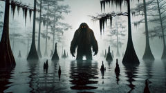 A large, hairy hominid with amber eyes stands in a misty Florida swamp.