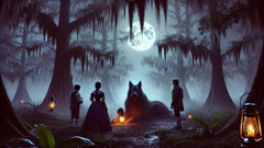 A wounded Rougarou caught in a trap under moonlight, with two children cautiously approaching.