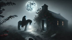 Dullahan origins scene with head carried like a ledger under moonlight