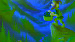 Sam-I-Am subindo um caminho de montanha com ovos verdes e presunto em uma cesta de vime.