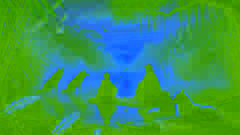 Arin debout au bord d’un village humain à l’aube, tandis que des loups surveillent depuis la forêt.