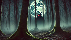 Night forest with distant glowing eyes and eerie mist among the trees