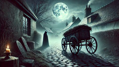مشهد ليلي مُتخيَّل لعربة الأنكو وهي تسير عبر زقاق قرية تحت قمر بارد.