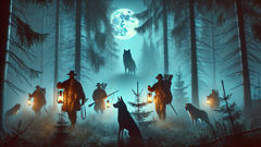 Hunters with lanterns and hounds tracking a shadowy creature through a misty Carpathian forest