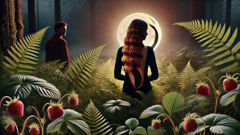 The Skogsra reveals her hollow back in a moonlit forest clearing filled with ferns.