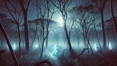 A ghostly child’s silhouette flits between moonlit trees in Brazil’s Cerrado