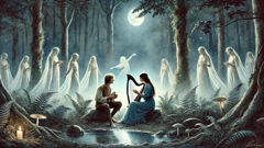 Elin and the fairy prince under moonlight with a small harp