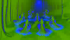 In a moonlit clearing, the Iele dance in glowing white dresses, while Ionuț stands frozen, captivated by their beauty and mystery.
