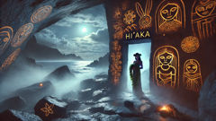 Hi'iaka, à l'entrée d'une grotte bordée de pétroglyphes, tenant un lei d’ohia à la main, sous la lumière de la lune.