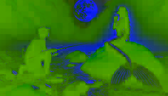 Mateo, a fisherman, stands mesmerized as a sorrowful mermaid with glowing eyes and silver scales sings to him from a mossy rock.