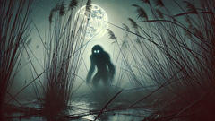 Faint Tokoloshe silhouette by the riverbank, hidden among reeds.