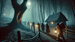 Rescuers carrying a small child through a moonlit forest with lanterns and a braided rope