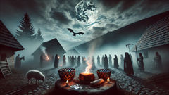 Ofertas da aldeia na encruzilhada aos Solomonari, com a sombra de um dragão.