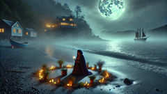A Chilote bruja performs a ritual as the glowing Caleuche appears offshore