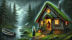 Fisherman's cottage in the Black Forest with Undine on the doorstep in the rain.