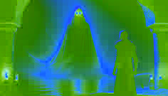 A cloaked figure with glowing amber eyes stands at the edge of the oasis, radiating an eerie and ancient presence.