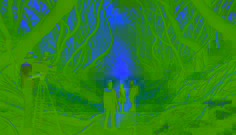 A mysterious, overgrown forest path leading into the dense Wild Coast, where three explorers hesitate before entering the unknown.