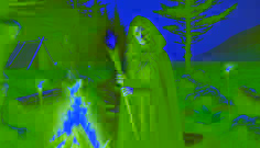 Una mujer enigmática, Freyja, se encuentra cerca de un fuego en un bosque neblinoso de Islandia, sosteniendo un báculo resplandeciente que revela secretos antiguos.