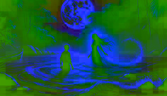 Yara, the Guardian of the Orinoco, emerges from the river, her glowing emerald eyes fixed on Andrés, who watches in awe.