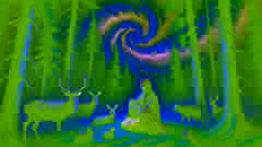 El bebé Hiawatha acunado por Nokomis bajo un cielo ojibwa iluminado por la aurora.