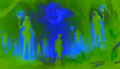 At night, Ajani encounters mystical Moko Jumbie spirits in the Saint Lucian jungle, their glowing eyes watching his every move.