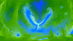 El Fénix comienza a emerger de la niebla en la base del Salto Ángel, sus brasas doradas iluminando a los exploradores atónitos.