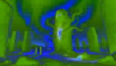 Las Piedras Cantantes brillan de manera inquietante mientras una neblina oscura se eleva de una grieta, formando una figura espectral con ojos como brasas bajo las Luces del Norte.