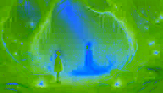 Kamau rencontre le dernier Enfant du Feu dans une clairière mystique de la forêt, illuminée par des braises et entourée d'arbres lumineux.