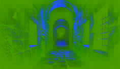 A dimly lit, narrow stone corridor inside El Morro, covered in moss and ancient carvings, leading to a rusted iron gate.