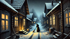 Pesta sweeps her broom at the entrance of a dark, silent Norwegian village.