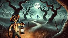 A lone villager lost on a moonlit Cerrado path, haunted by ghostly laughter