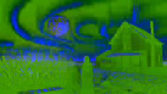 Um fragmento de origem extraterrestre emanando tons pulsantes de violeta e verde em um campo sulcado