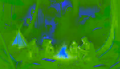 Un campement de jungle nocturne avec quatre explorateurs autour d'un feu. La tension est palpable dans l'air tandis que des yeux brillants observent depuis l'ombre.