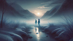 Haru e a Yuki-onna despedindo-se ao amanhecer junto a um riacho congelado na montanha, cercados pela neve derretendo.