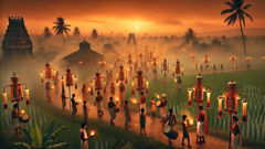 Procession au temple en l'honneur des lokapalas, avec des lampes, des musiciens et des idoles protectrices portées autour des champs.