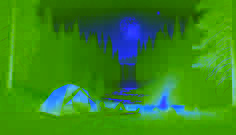 A nighttime camp scene near a waterfall, tent and campfire under starry sky
