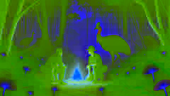 Un guardabosques y un cazador arrepentido arrodillados junto a una pluma brillante, mientras un casuario observa desde las sombras.