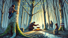 Nanabozho discovers maple syrup while grieving in a sun-dappled Canadian forest