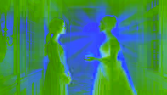 At dawn, Evelyn meets the peaceful ghost in a decaying mansion hallway.