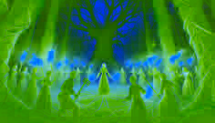 Des villageois brandissant des torches se tiennent devant Lavinia et Emilia dans une clairière illuminée par la lune, tandis que des vignes et des branches protègent le cercle de chênes.