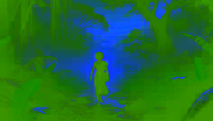 Chipo walks through a misty jungle at dawn, carrying a small pouch of offerings, heading toward the sacred river for her quest.