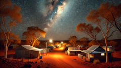 A pequena cidade de Boulia à noite sob um céu estrelado