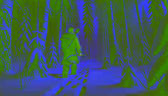 Eero, un cazador sami, sigue las huellas de un zorro a través de un denso bosque cubierto de nieve, iluminado por las auroras boreales.
