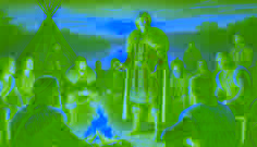 El Príncipe Csaba se dirige a los líderes de los clanes hunos junto al río Tisza, durante un ardiente atardecer.