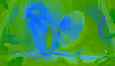 Mwamba steht vor einer riesigen, geschnitzten Trommel in einer goldenen Lichtung und streckt die Hand aus, um ihre uralten Symbole zu berühren.