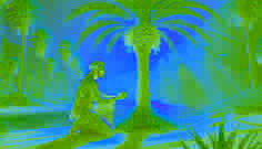 Khalid kneels by the transformed palm tree, holding a golden date, with tears in his eyes as sunlight bathes the oasis.