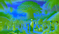 Uma aldeia próspera, com crianças brincando sob o Sagrado Baobá enquanto os aldeões cuidam das plantações; Nia e Mama Amina observam.